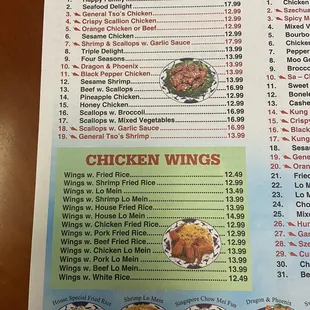 Specials and Wings menu
