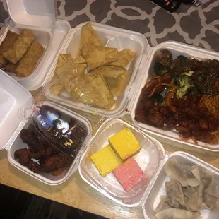 noddles.broccoli beef.sour-chicken.1pack of crab Rangoon,boil duplex,egg rolls,1 small plate of kebab red chicken. Pia cake