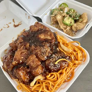 3 items, chow mein, sesame chicken, general chicken and salt n pepper fish