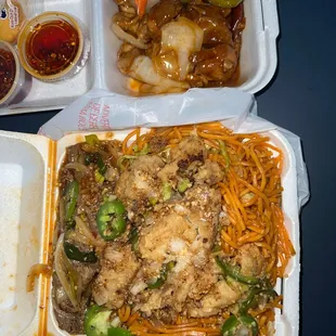 Kung Po Chicken, Mongolian Beef, Salt and pepper fish