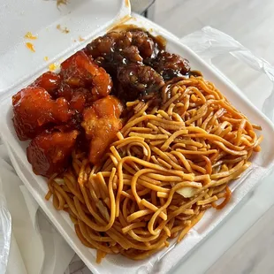 2 items with chow mein, orange chicken and sesame chicken