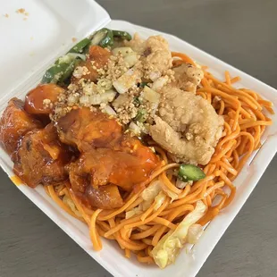 2 items, chow mein, orange chicken and salt n pepper fish