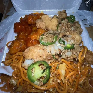 Salt &amp; pepper fish, Orange Chicken, Chow mein
