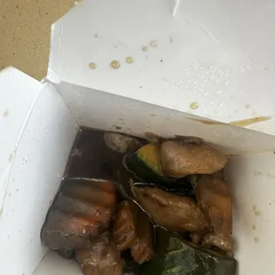 Mushroom chicken the carrots were green and brown accidentally ate one and it tasted of rot