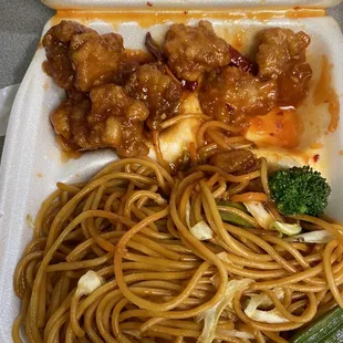 Orange chicken with chow mein.