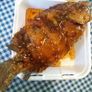 Spicy braised talapia, larger orders require 48 hours for 3 to 4 pound fish.