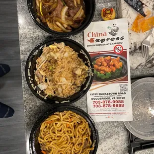 Mongolian beef, combination fried rice, combination lo mein