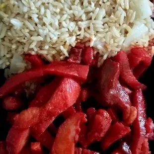 Boneless spare ribs and "fried rice"