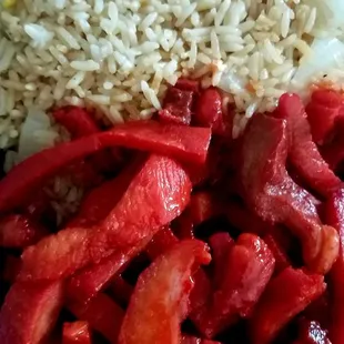 Boneless spare ribs and "fried rice"