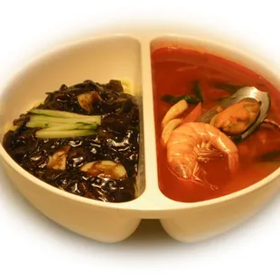 half black bean sauce noodle and  half spicy seafood noodle soup.
