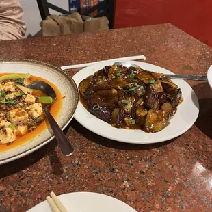 Mapo tofu with meat and eggplant with garlic sauce