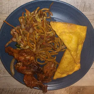 Pork Lo Mein, Wings and Crab Rangoons