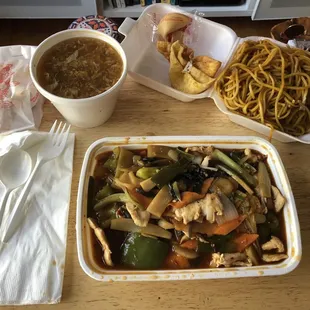 Chicken with garlic sauce, lo mein, hot &amp; sour soup