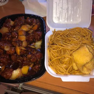 Orange chicken and lo mein.