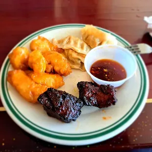 Honey chicken, spare ribs, dumplings