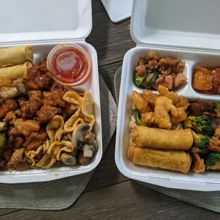 two take out containers of chinese food