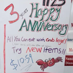 Come to celebrate China&apos;s flag three year&apos;s anniversary ...11.23 Sunday all you can eat with crab legs only $$10.59