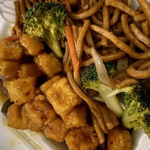 Orange tofu + vegetable lomein