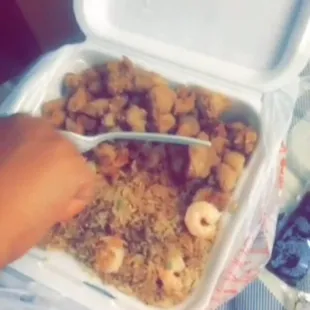 Shrimp fried rice with Bourbon chicken!!! She lovessss it!!!