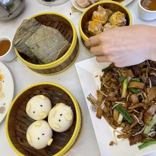 Beef ho fun, shu mai, steam buns, shrimp crepe, lotus wrapped sticky rice!