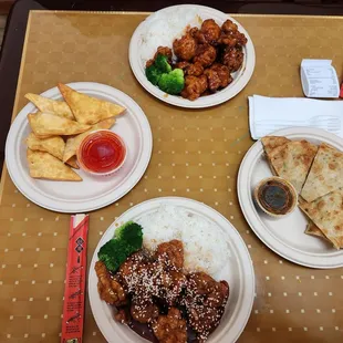 Sesame Chicken,  Gen Tso, Pancake and Rangoons. LL VERY DELISH AND FILLING!