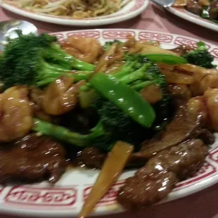 Sauteed Three Delights Beef, Chicken and Shrimp! Pretty good!