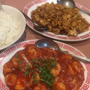 Hot and spicy braised shrimp and kung pao chicken.
