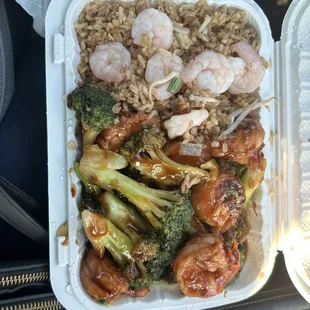 Shrimp fried rice with shrimp and broccoli.