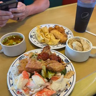 Egg rolls, spring rolls, won ton soup, crab Rangoon, dumplings, chicken on a stick, general tsao, chicken and broccoli, chicken and noodles