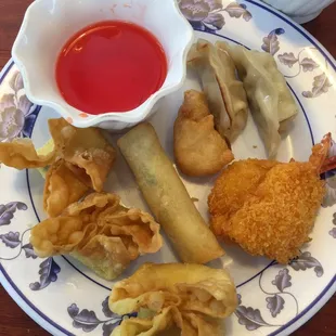 Fried stuff. Dipped in sweet or salty.