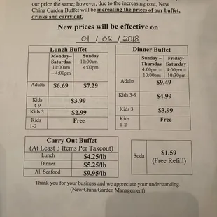 Their new price for buffet.