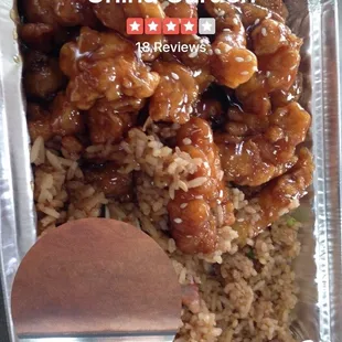 Sesame seed chicken combo with pork fried rice and spring rolls