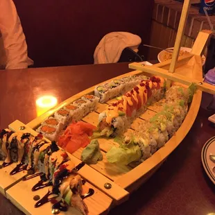 Godzilla, Red Dragon,Green Dragon,Spicy Tuna, and California rolls.