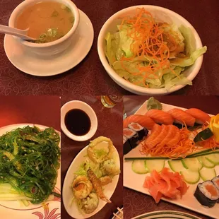 Salmon special #7, seaweed salad, and shrimp &amp;  veggie tempura!