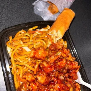 Orange chicken with lo mein &amp; spring rolls!  10/10