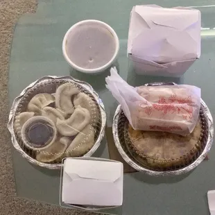 Steamed dumplings, Egg foo young w/ steamed rice, Large (qtr) house special fried rice.