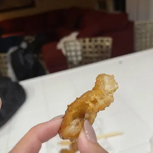 a person holding a piece of fried food
