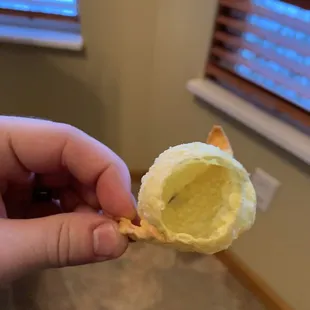 a hand holding a piece of food