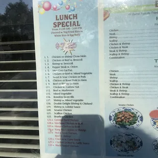 the menu for lunch special