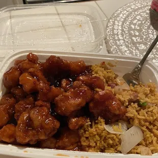 C26. General Tso's Chicken Combo Plate with pork fried rice .