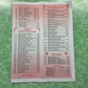 the menu of the restaurant