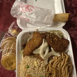 Dinner special D25. Salt Pepper Fried Pork Chops Dinner  half and half for extra $2and I got some almond cookies tasty not sweet