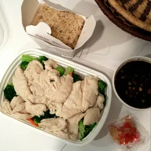 $8 for steamed chicken &amp; veggies with brown rice. Portions generous enough for 2+ meals