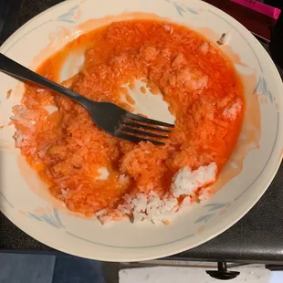 Soggy rice after eating sweet and sour pork, where the sauce is watery and creates a mess.