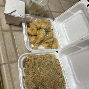 Chicken Fried Rice, honey walnut shrimp, Egg Drop Soup