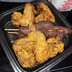 Chicken wings (hard as AP calculus) and decent beef teriyaki.