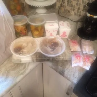 a variety of food items on a kitchen counter