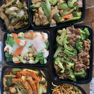 A portion of what we ordered...Lo mein, Seafood delight, Beef w/ broccoli, Tofu w/ garlic sauce, &amp; Mongolian beef