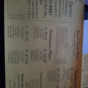 Updated menu prices 2022