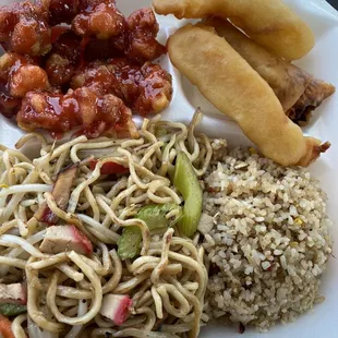 Combination #2 - Pork Chow Mein, Pork Fried Rice, Sweet and Sour Chicken, Two Deep Fried Prawns and an Egg Roll